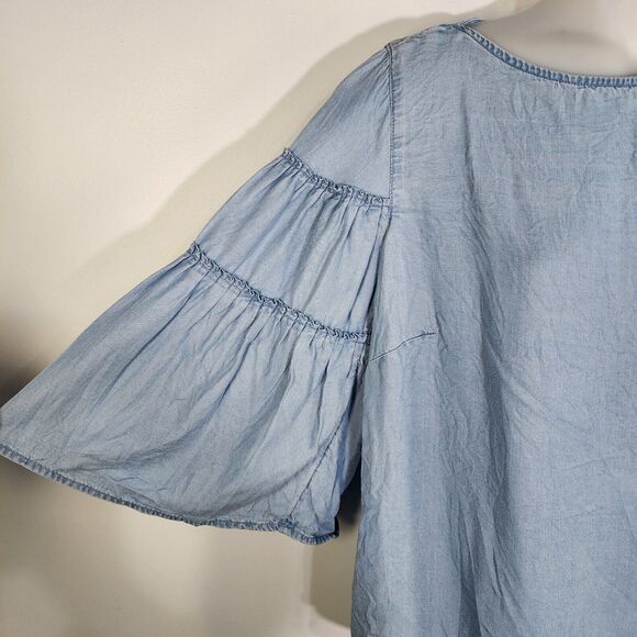 J Jill Denim Top XS Petite Chambray Tiered Ruffle Bell Sleeve Tencel Lyocell Blu - Picture 6 of 13